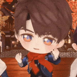 a cartoon character is wearing a red scarf and a blue jacket