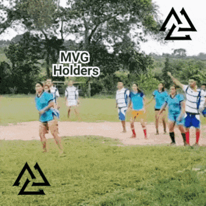 a group of people are running in a field and the words mvg holders are on the bottom