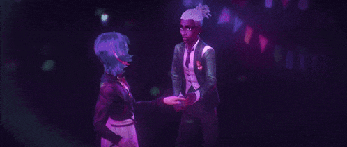 a couple of cartoon characters are standing next to each other and kissing .