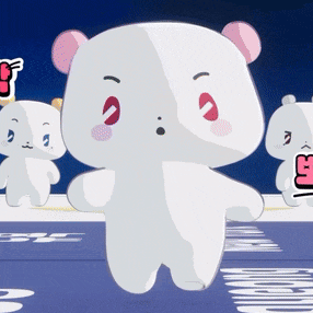 a white teddy bear with pink ears is standing in front of a blue background