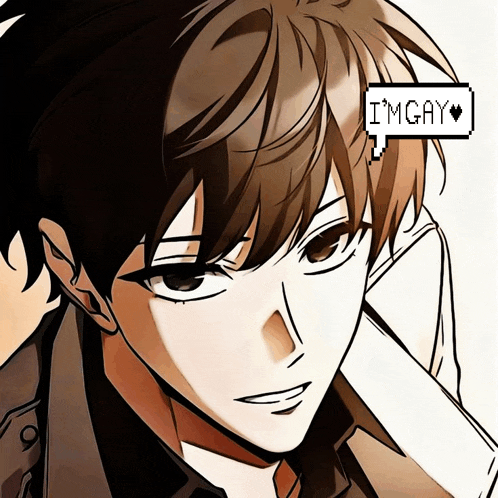 a close up of a man with a sticker that says i 'm gay on it
