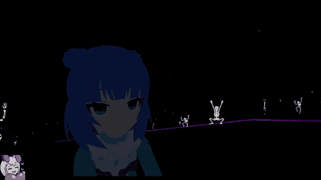 a cartoon character with blue hair is giving a peace sign