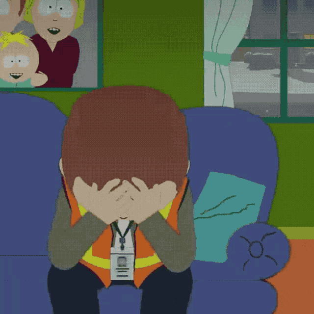 a cartoon of a man covering his face with his hand while another man looks on