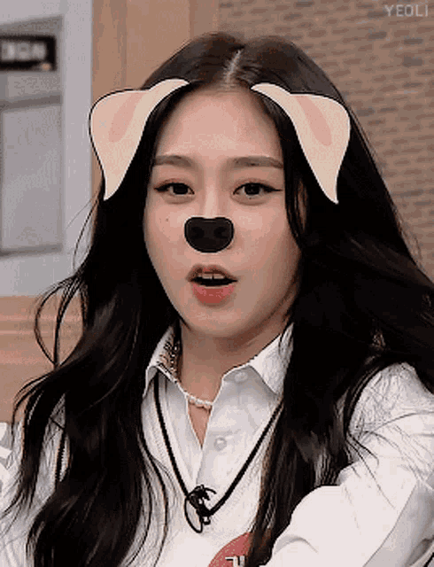 a woman with a dog ear on her head looks at the camera