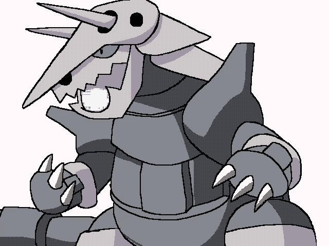 a cartoon drawing of a robot with sharp claws and horns