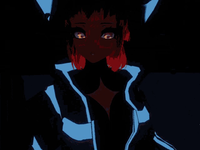 a girl with red eyes is wearing a black and blue jacket