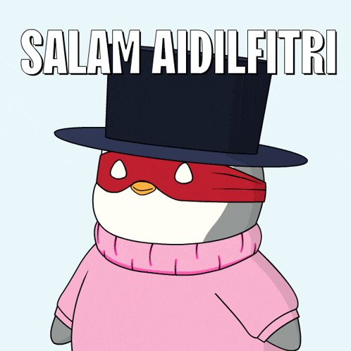 a cartoon character wearing a top hat and a pink sweater with the words salam aidilfitri
