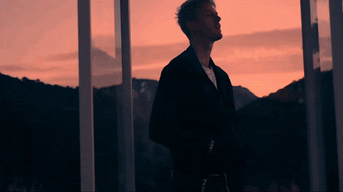a man in a black jacket is standing in front of a window with mountains in the background