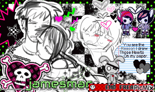 a black and white drawing of a boy and girl with the words " you are the reason i draw those hearts "