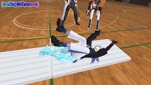 a cartoon character is laying on the floor in a basketball court