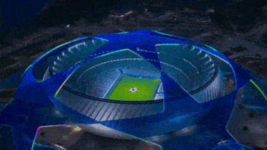 an aerial view of a soccer stadium with a champions league logo on the field