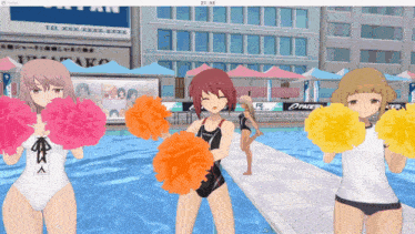 a screenshot of a video game shows three girls holding pom poms in front of a swimming pool