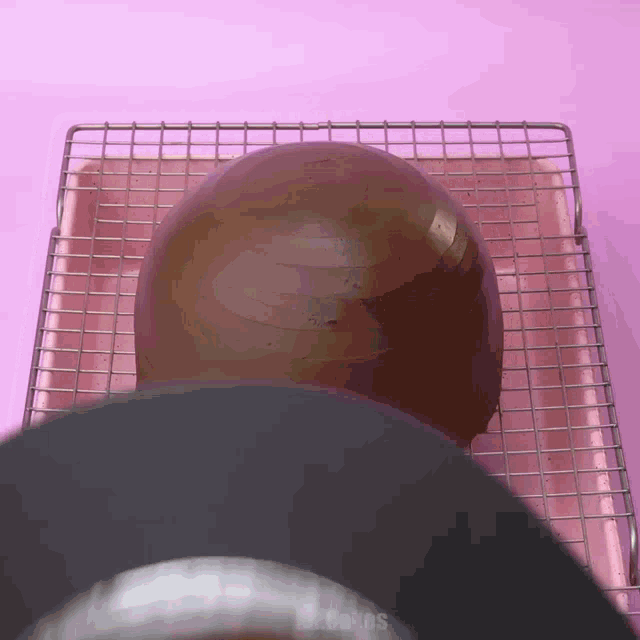 a large chocolate sphere is sitting on a wire rack
