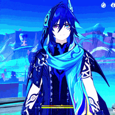 a screenshot of a video game shows a character with a blue scarf around his neck