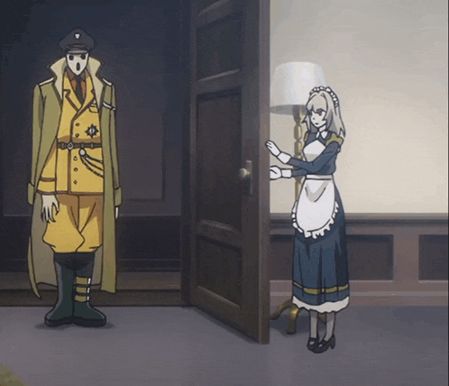 a man and a woman are standing in front of a door