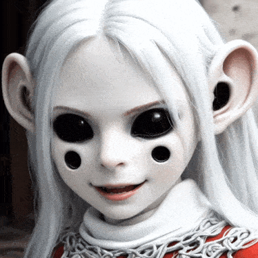a doll with white hair and black eyes is wearing a chain around her neck