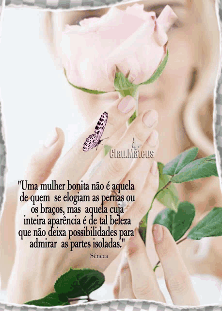 a picture of a woman holding a pink rose with a butterfly on it