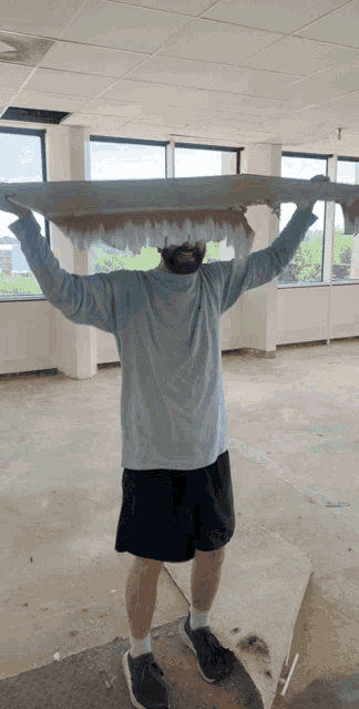 a man wearing a blue shirt is holding a large piece of paper over his head