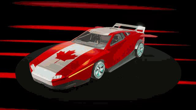 a red and white car with a maple leaf on the front