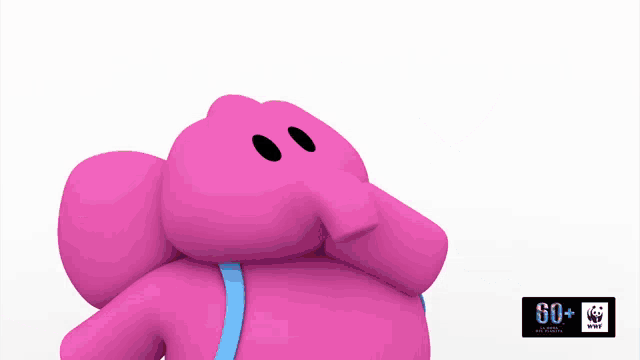 a pink cartoon character with a blue hat is holding a baby