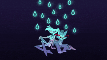 a couple of cartoon characters sitting under an umbrella