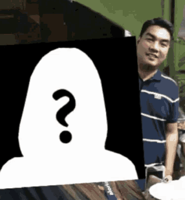 a man stands behind a silhouette of a woman with a question mark