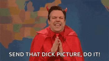 a man in a devil costume is saying `` send that dick picture , do it '' .