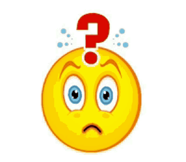 a yellow smiley face with a red question mark above it 's head