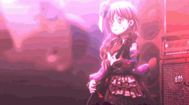 a girl in a dress is playing a guitar in front of a cbs amp