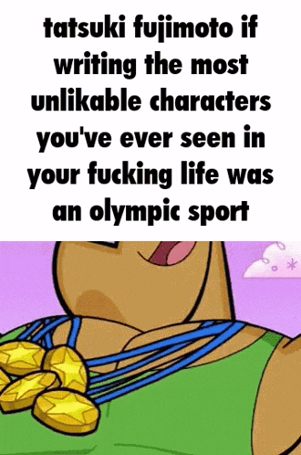 a cartoon character is holding a bunch of gold medals around his neck .