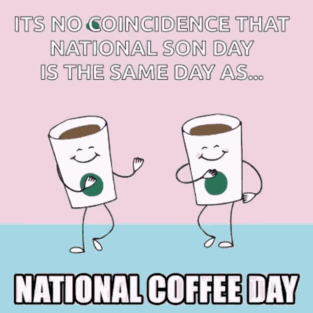 a poster for national coffee day with two cups of coffee dancing together
