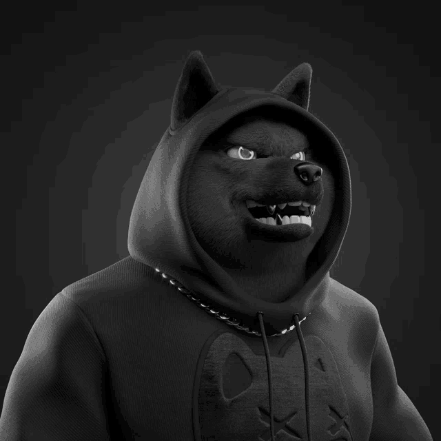 a black and white image of a dog wearing a black hoodie