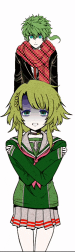 a girl with green hair is standing next to a man with green hair