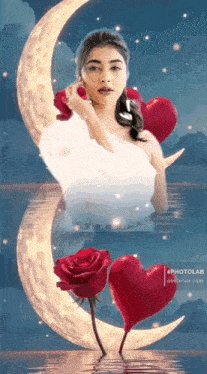 a woman is standing in front of a crescent moon surrounded by red hearts and roses .