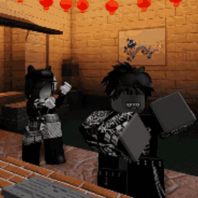 two cartoon characters standing next to each other in front of a brick wall