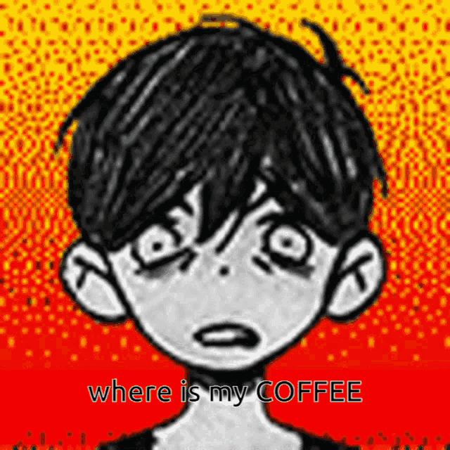 a black and white drawing of a boy with the words " where is my coffee " below him