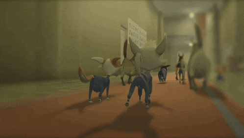 two cartoon dogs are walking down a hallway in front of a sign that says ' service ' on it