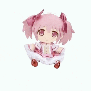 a little girl with pink hair and a white dress is sitting on a white surface .