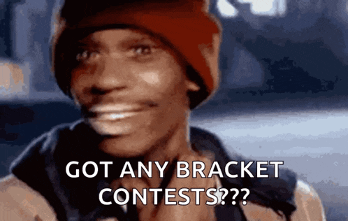 a man wearing a red hat is smiling and says got any bracket contests ?