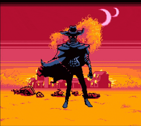 a pixel art drawing of a cowboy with a skull on his head