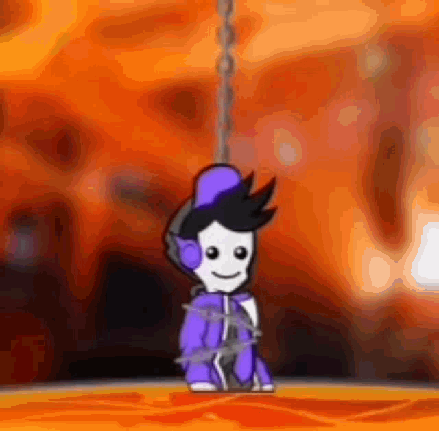 a cartoon character wearing headphones and a purple jacket is chained to a swing .
