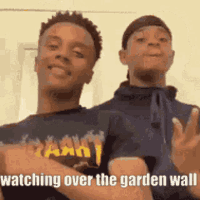 two young men are standing next to each other and one of them is wearing a shirt that says watching over the garden wall .