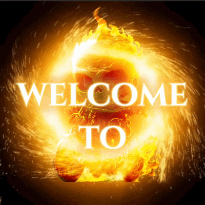 a sign that says welcome to with a skull in flames