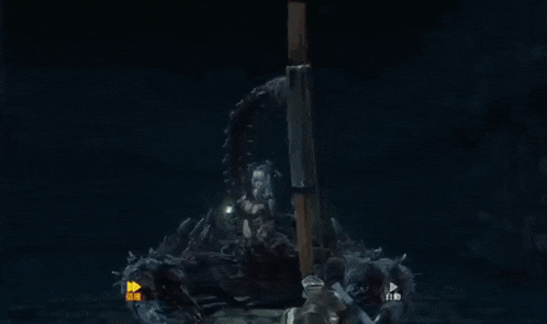 a video game character is standing in a dark room