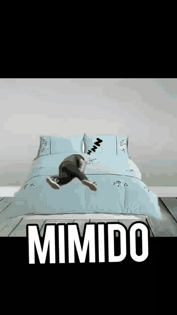 a cat is sleeping on a bed with the word mimido written on the bottom