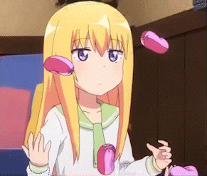 a girl with blonde hair and blue eyes is holding two pink hearts in her hands