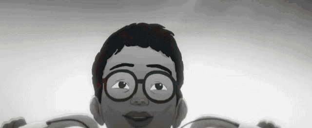 a black and white cartoon of a boy wearing glasses and holding a pair of glasses .