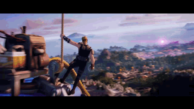 a video game character is standing on top of a building looking out over a landscape