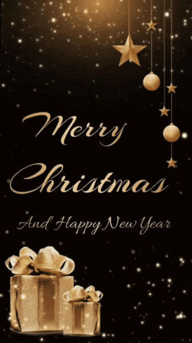 a merry christmas and happy new year greeting card with gold presents