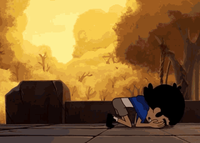 a cartoon of a boy kneeling down in front of a fire with trees in the background